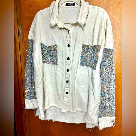 CHICME Women White Denim Shirt Glittered Silver Spandex Fabric, Size Large - Picture 1 of 6
